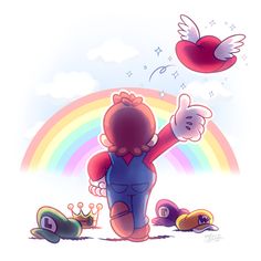 a cartoon character is standing in front of a rainbow and flying bird with his hands up