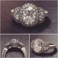 three different views of an old - fashioned engagement ring with diamonds on each side and in the middle