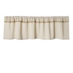 a white curtain with brown trim on the top and bottom, in front of a white background