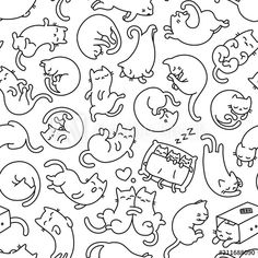 black and white doodle drawing of cats with different expressions on the page, including one cat