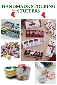 handmade stocking stuff is displayed on a table with the words christmas and other items