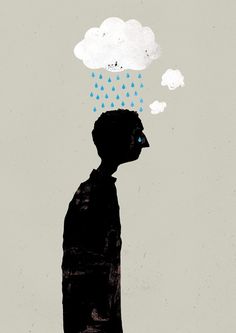 a man standing in front of a cloud with rain coming out of his head,