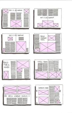 four different types of web pages with pink and gray lines on them, each showing the same