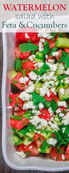 a salad with feta and cucumbers in a plastic container