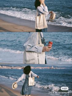 the woman is walking on the beach with her hand in her mouth and holding a coffee cup