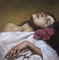 a painting of a woman laying on top of a bed with flowers in her hair