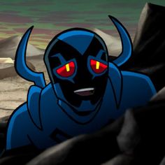 a cartoon character with red eyes and an evil look on his face, standing in front of some rocks