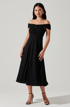 Off-the-shoulder silhouette, small cutout at bodice Ruched detailing on bodice Fully lined Hand wash cold, do not bleach, line dry, do not iron, do not tumble dry
  Self: 59% Rayon, 41% Polyester / Lining: 95% Polyester, 5% Elastane
  Style# ACDR102200 Movie Core, Off Shoulder Midi Dress, Astr The Label, Hip Hip, Pink Midi Dress, Blue Midi Dress, Black Midi Dress, Spring Collection, S Models