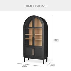 an image of a black cabinet with glass doors and shelves on the bottom, measurements