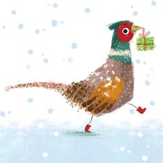 a bird with a gift in its beak is walking through the snow holding a present