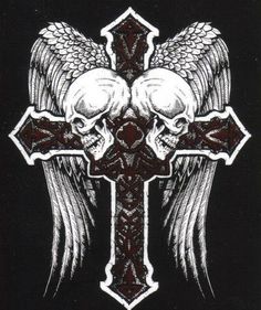 a cross with two skulls and wings on it