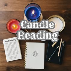 candles, books and notebook on a wooden table with the words candle reading written over it