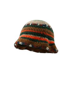 a multicolored knitted hat on a white background