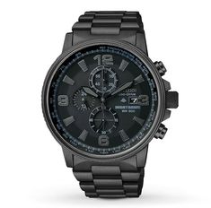 This chronograph timepiece for him showcases a stylish black ion-plated stainless steel case and bracelet. The round black dial includes a date window. Protected by a mineral crystal. Features Eco-Drive technology, powered by light, so it never needs a battery. Water-resistant to 200 meters. From the Nighthawk collection. Blackout Aesthetic, Bulky Men, Citizen Watches For Men, Fastrack Watches, Mens Watches Minimalist, Mens Watches Classy, Mens Watches Expensive, Watches For Men Unique, Breitling Watches Mens