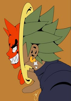 an image of a cartoon character that is looking at another person's face and holding something in his hand