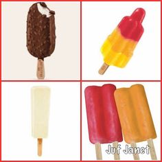 four different types of ice cream on sticks