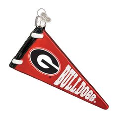 a university of georgia pennant ornament hanging from a key chain on a white background