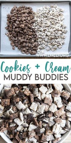 cookies and cream muddy buddies in a white bowl on a wooden table with text overlay