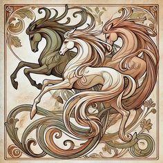 a drawing of two horses with swirls on it's back and one horse in the