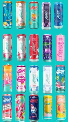 many different types of soda cans on a blue background