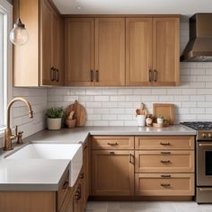 a kitchen with wooden cabinets and stainless steel appliances