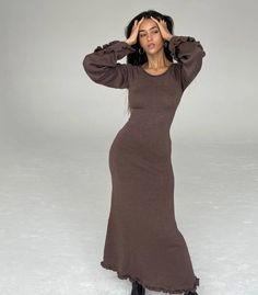 F00195051-202 Maxi Dress Outfit, Sweater Maxi Dress, Long Knitted Dress, Maxi Knit Dress, Daily Dress, Maxi Dress With Sleeves, Cutout Dress, Flared Sleeves, Ruffle Dress