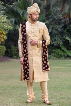 Fawn Sherwani Churidar with Intricate Detailing Mens Wedding Clothes, Poses For Groom, Designer Sherwani For Men, Outfits For Groom, Indian Groom Outfit, Marriage Photoshoot, Indian Groom Dress, Men Sherwani, Bride Groom Poses