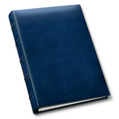 a blue leather notebook on a white background with clippings to the front cover