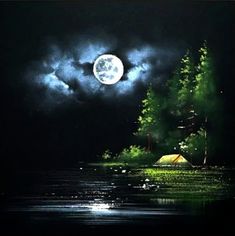 the full moon shines brightly in the dark night sky over a lake with trees