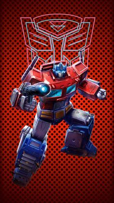 an image of a robot with red and blue colors on the back ground, in front of