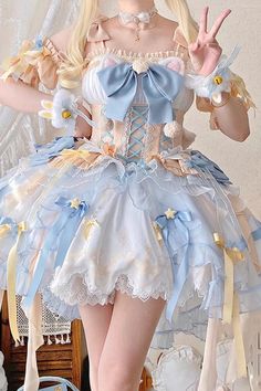 Blue Hanayome Bowknot Sweet Princess Lolita Dress – LolitaInside Kawaii Outfit Ideas, Magical Girl Outfit, Mode Kawaii, Clothing Design Sketches, Kawaii Fashion Outfits, Fairytale Dress, 여자 패션, Kawaii Clothes, Really Cute Outfits