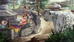 a painting of people standing in front of a white tiger on a rock wall with other animals nearby