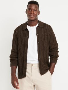 spread collar long sleeves button front cable-knit pattern relaxed fit hits at hip model is approx.  6'1" and wears size mmachine wash according to the care instruction label  . Best Holiday gift for Men , perfect Sweaters for Christmas! Casual Brown Polo Sweater, Casual Collared Cable Knit Sweater, Casual Button-up Sweater With Ribbed Collar, Casual Long Sleeve Polo Sweater With Button Closure, Casual Brown Long Sleeve Polo Sweater, Casual Long Sleeve Cable Knit Polo Sweater, Casual Relaxed Fit Button-up Polo Sweater, Casual Brown Collared Sweater, Brown Collared Polo Sweater