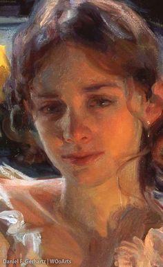 an oil painting of a woman's face and shoulders