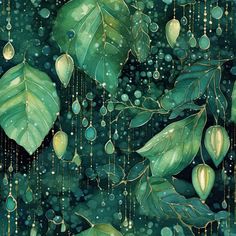 a painting of green leaves with drops of water hanging from it's sides and on the branches