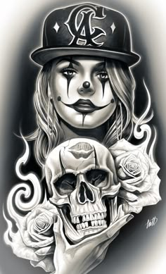 a drawing of a girl holding roses and a skull wearing a baseball cap with the letter s on it