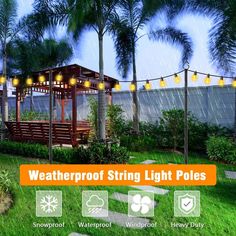 the weatherproof string light poles are on display in this backyard garden area with trees and grass