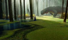 a large dinosaur walking through a forest next to a woman in a blue dress and trees