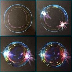 four pictures of different shapes and sizes of bubbles with lightening in the middle one