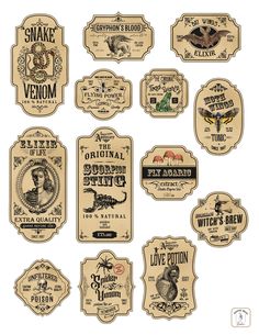 several different types of label designs for various items in the package, each with their own name