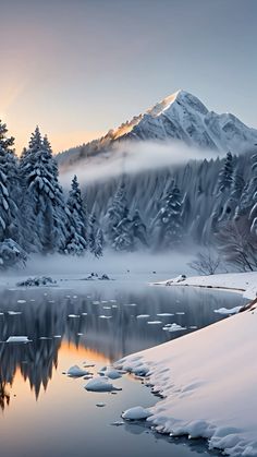 a snowy mountain with trees and water in the foreground