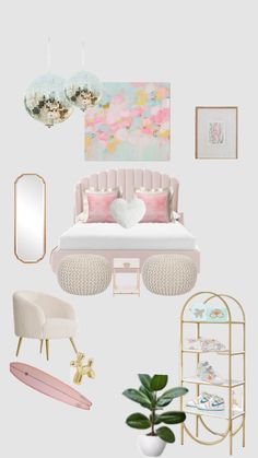 a bedroom with pink and gold accents, including a bed, chair, mirror, plant and other items