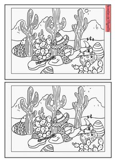 two coloring pages with cactuses and other plants