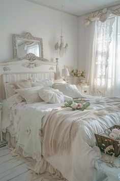 a white bed sitting in a bedroom next to a window filled with curtains and pillows