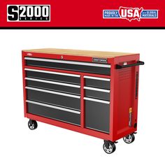 a red tool cabinet with two drawers on wheels