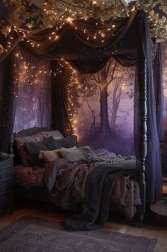 a canopy bed with fairy lights hanging from it's sides and trees on the wall