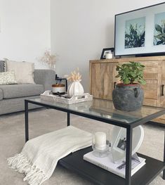 a living room with a couch, coffee table and plant on the end table in front of it