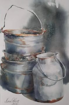 an oil painting of pots and pans