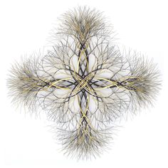 an artistic cross made out of branches with gold and black lines on the center, against a white background