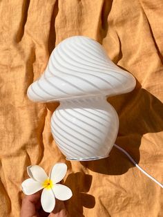 a person is holding a white flower next to a lamp on a brown sheet with yellow fabric